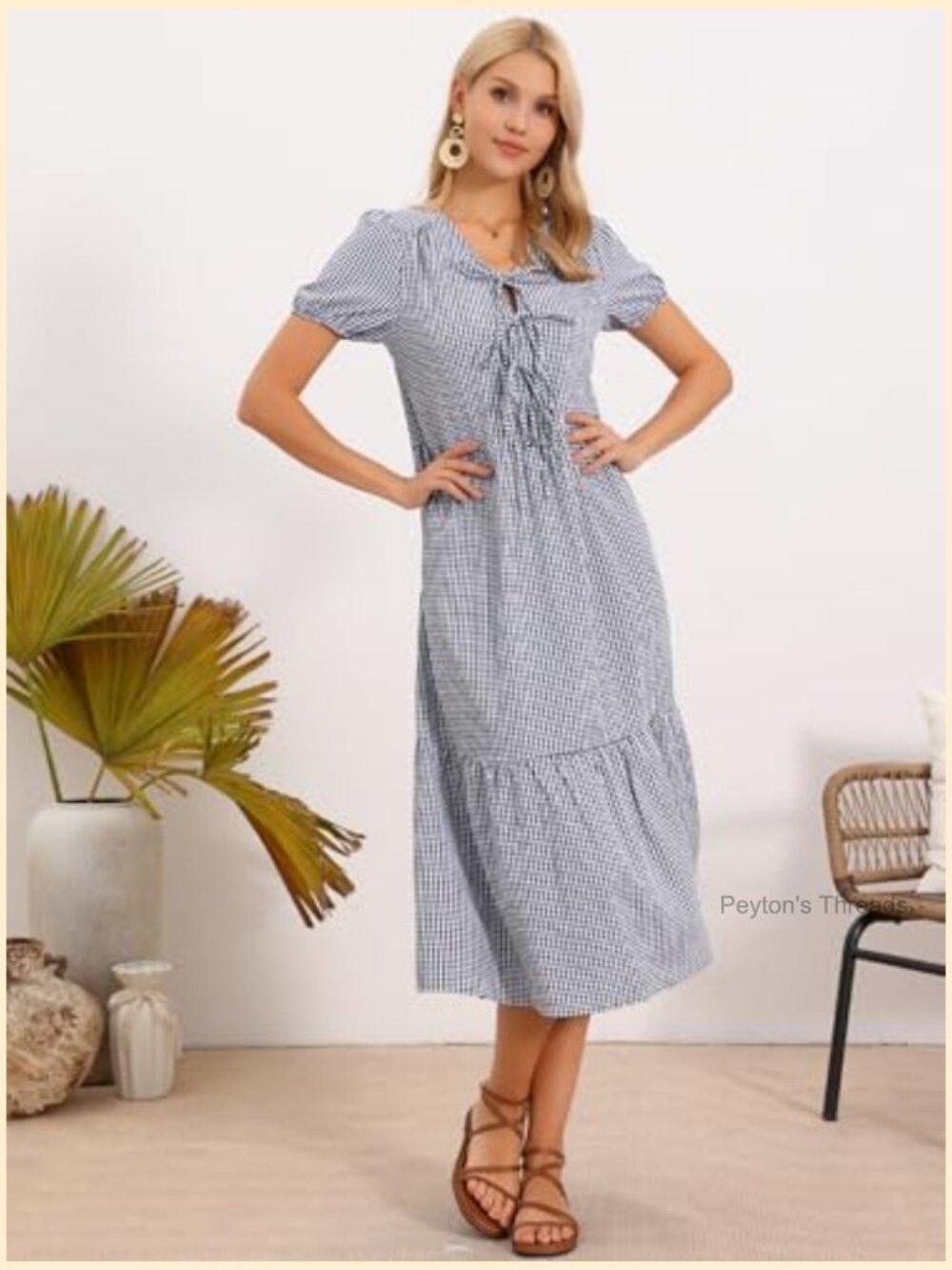 Gingham Midi Dress with Tie Front Short Sleeve Flowy Beach Dress - Picture 3 of 6